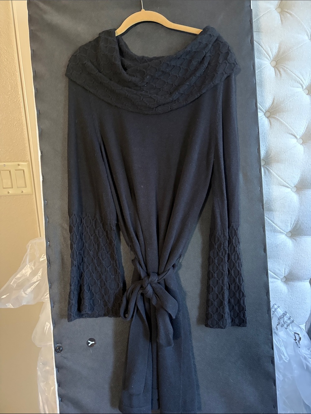 Alfani Black Knit Cowl-Neck Tie-Waist Long Sleeve Dress
